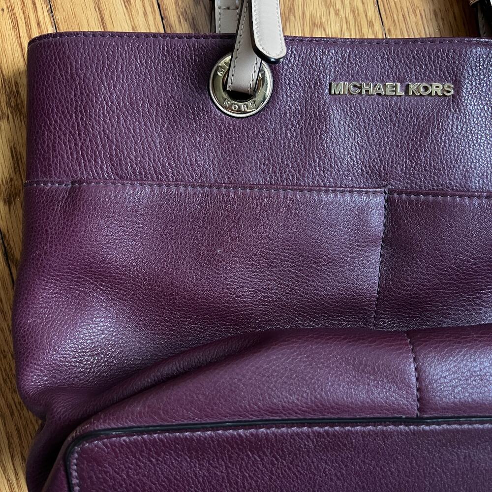 Michael Kors Bedford Pebbled Tote Burgundy Wine Red Leather Shoulder Bag Purse - Picture 7 of 8